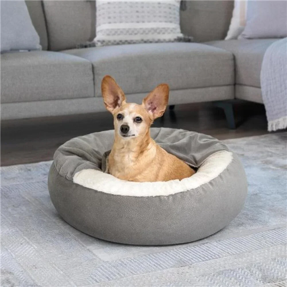 Cozy Cat Bed Dog Bed with Attached Blanket Round Donut Plush Soft Pet Bed Gray
